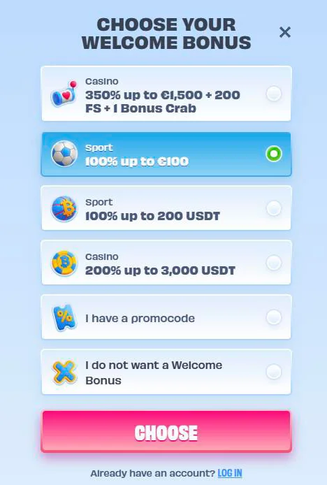 choose welcome bonus